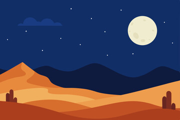 Fototapeta premium Desert night sky landscape with moon and stars illustration