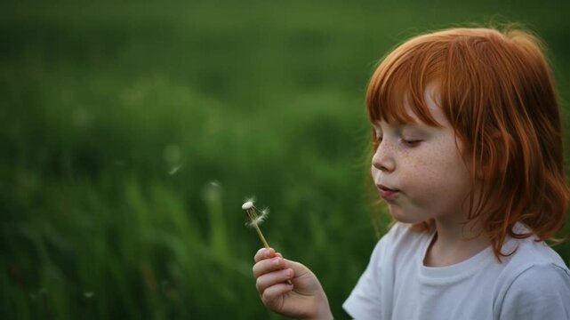 Red-haired young girl in a white shirt gently blows on a dandelion, its seeds scattering in the wind against a lush green field, evoking childhood innocence and simple pleasures of nature