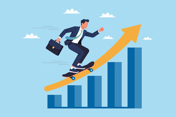Business Growth and Recovery: Smart Businessman Riding Skateboard Up on Profit Graph to Accelerate Company Success