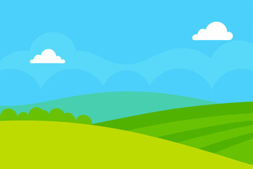 Summer mountain landscape with green grass, blue sky, and clouds