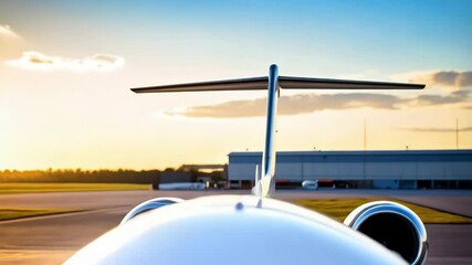 Private jet airplane parked on the tarmac at golden hour, illuminated by sunlight, representing luxurious and convenient air travel options.