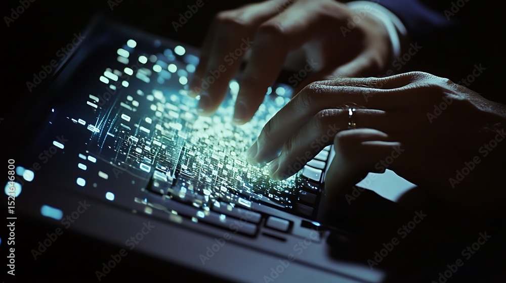 Poster fingers typing on illuminated keyboard creating glowing effect, connecting ideas with modern technol