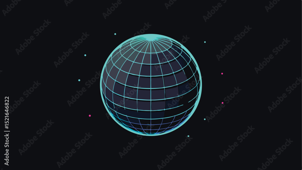 Poster futuristic wireframe sphere with motion blur and glowing effect on a dark background