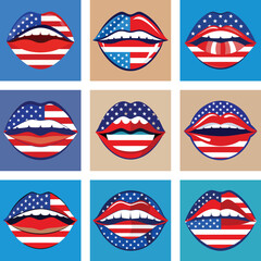 Pop art style lips with American flag designs, patriotic USA mouth illustrations in red, white, and blue for Independence Day and national pride themes
