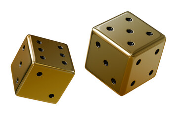 3d a falling gold dice isolated on white transparent background. 3d render illustration.