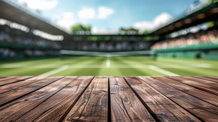 A wooden table top with the background of tennis stadium.