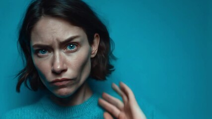 Woman with furrowed brows and a sad facial expression looks directly at camera against a blue background, conveying disappointment, sorrow or concepts related to mental health challenges