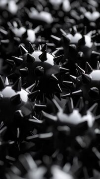 Abstract monochrome render of metallic spiked spheres clustered together, creating a complex, textured and menacing surface, depth of field effect.