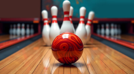 Dynamic bowling scene with vivid colors, glossy surfaces, and a triangular pin arrangement, perfect for gaming promotions and event advertising