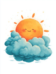 cute smiling sun with fluffy clouds on white background illustration &mdash; ideal for children&rsquo;s books, nursery wall art, educational materials, weather icons, or playful graphic design projects