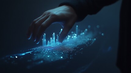 Hand Interacting with Glowing Digital Network Data, Visualizing Future Technologies and Connectivity Concepts.