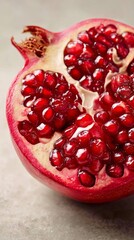 Bright Red Pomegranate Cut in Half Showing Juicy Seeds on a Light Surface.