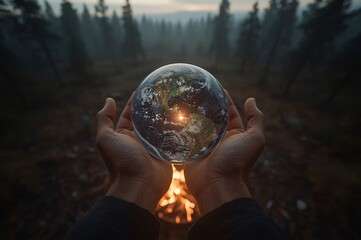 Fototapeta premium Two hands holding a globe, special atmosphere looking after the environment, first person perspective, finger, hand, pointing forward, poking, hand holding, hand pointing