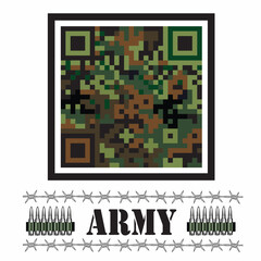 A creative QR code design featuring a digital camouflage pattern in green, brown, and black, styled with military elements such as bullets, barbed wire, and bold "ARMY" text
