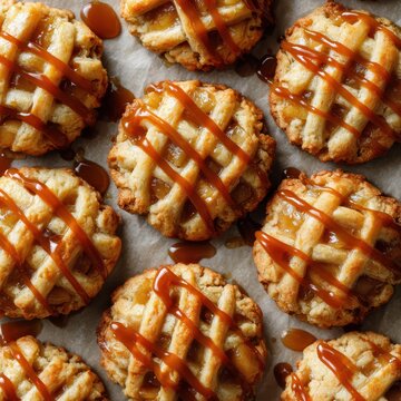 Apple pie cookies with lattice top and caramel drizzle