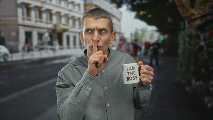 Man outdoors holding coffee cup with motivational message while smiling on busy street with blurred...