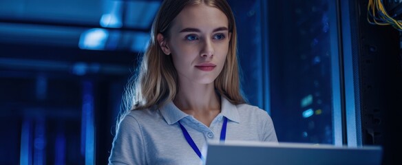 The focused woman working in a high-tech server room with a laptop.