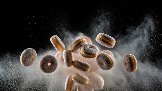 Donuts covered in powdered sugar dramatically explode and float mid-air against a dark background in a dynamic burst, perfect for food advertising or concepts of sweet indulgence and celebration