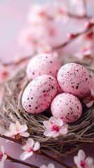 Obraz premium Beautiful Pastel Eggs Nestled in a Spring Nest Surrounded by Cherry Blossoms.