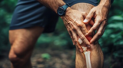 Man experiencing discomfort in knee, digital bone overlay representing joint pain and injury during outdoor activity.