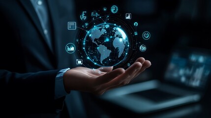Man in suit holding digital globe surrounded by interface icons, depicting global connectivity and modern technology applications.