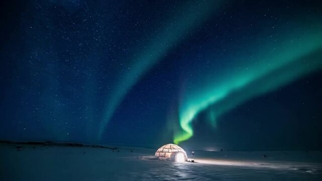 Illuminated igloo stands in a snowy landscape under a vibrant, dancing aurora borealis in a dark night sky, depicting arctic life and the beauty of natural phenomena in extreme conditions