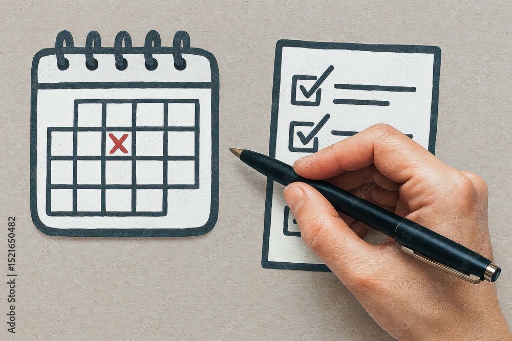 Poster a hand checking off a to-do list beside a calendar marked with an important date.