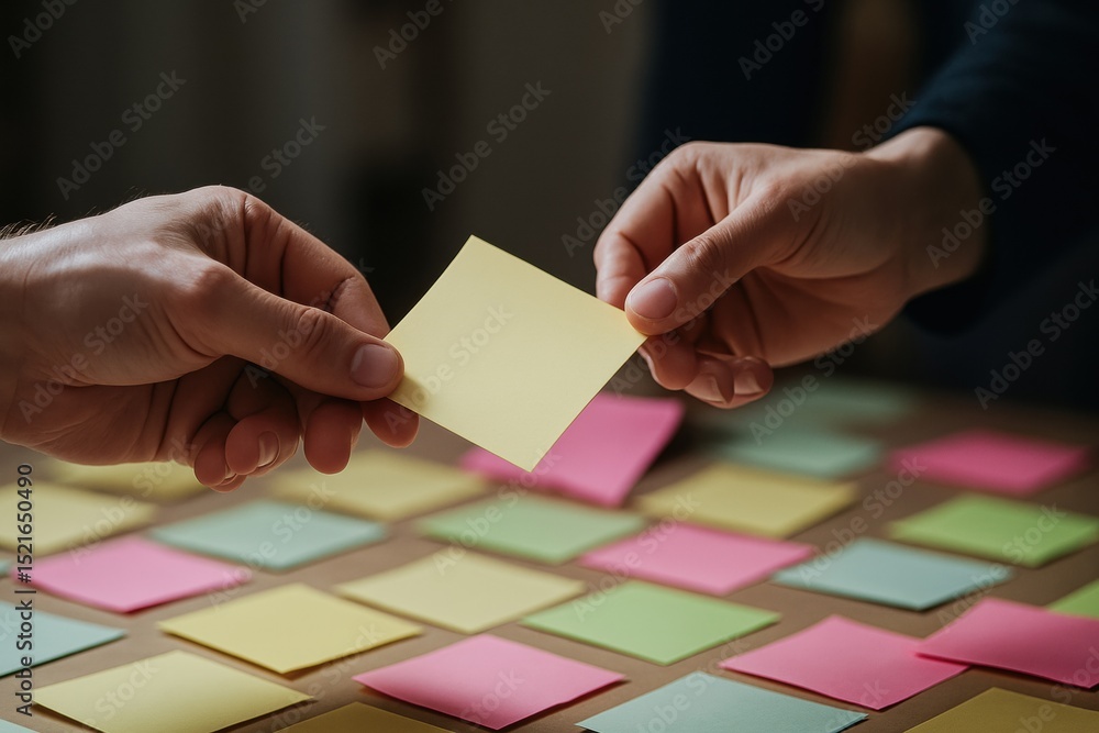Poster two people exchange a sticky note over a table covered with colorful post-it notes during a brainsto