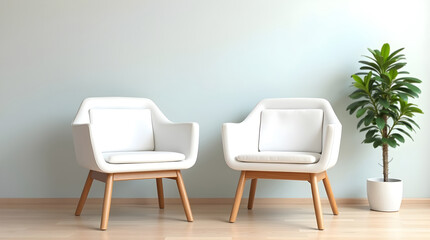 Modern white armchairs with wooden legs symmetrically placed in minimalist interior, ideal for home decor