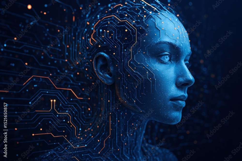 Poster a futuristic human face with glowing circuit patterns, symbolizing artificial intelligence and digit
