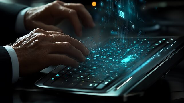 Person Using Futuristic Laptop with Digital Interface for Advanced Computing and Information Management Tasks