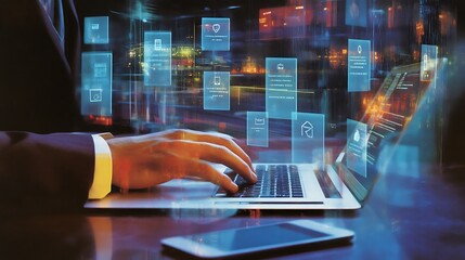 Person Using Laptop with Modern User Interface Displaying Data and Abstract Cityscape in the Background