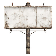 A weathered billboard with a blank white surface and a rusted metal frame against a white background