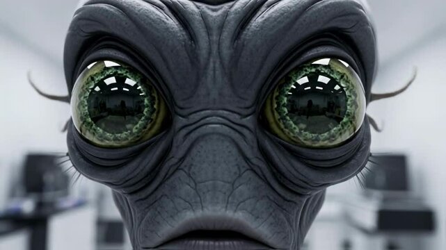 Intense close-up of an alien creature's face with large reflective eyes staring directly, set in a sterile environment, suggesting extraterrestrial encounters or sci-fi research themes