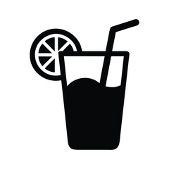 Black and white minimal icon of juice glass with straw and orange slice