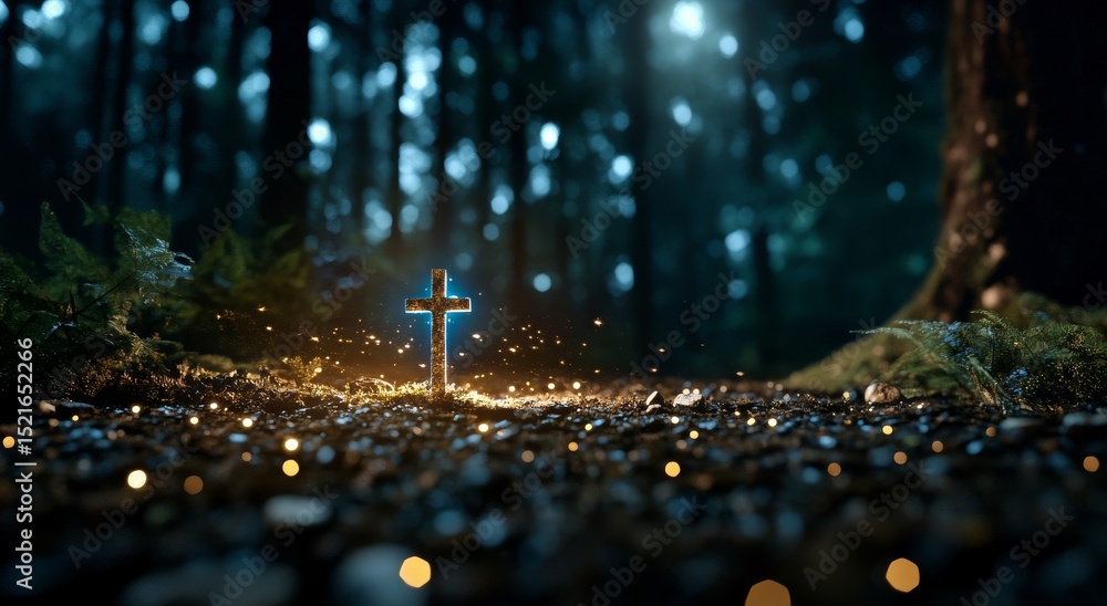 Poster glowing cross in a tranquil forest at twilight with soft light illuminating the surroundings.