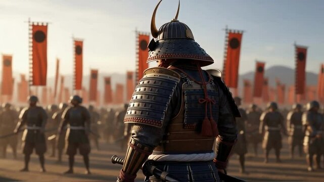 Samurai commander in traditional armor stands with his back to the viewer before his army with flags at dawn, symbolizing japanese history, martial honor and military leadership