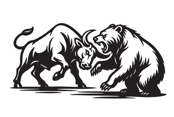 Bold black and white vector of a fierce bull and bear locked in battle, symbolizing market rivalry. Perfect for finance, trading, or stock design themes. Wildlife Animals.