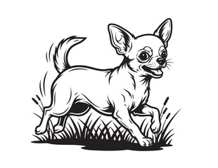 Energetic black and white vector illustration of a happy Chihuahua dog running through grass. Great for pet designs, logos, or dog-themed prints. Pet, Animal.