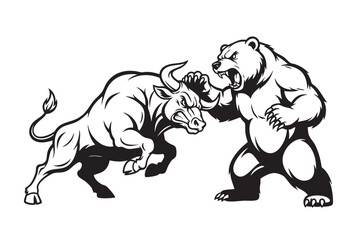 Bold black and white vector of a fierce bull and bear locked in battle, symbolizing market rivalry. Perfect for finance, trading, or stock design themes. Wildlife Animals.