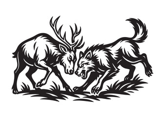 Fierce black and white vector illustration of a deer and wolf locked in combat. High detail design ideal for logos, tattoos, and wildlife-themed art.  Animal.