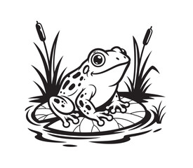 Cute black and white vector of a frog sitting on a lily pad in a swamp with cattails. Perfect for nature art, logos, kids books, and decorative prints. Animal.