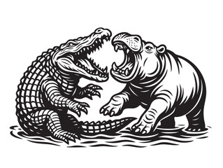 Intense black and white vector illustration of a crocodile and hippo in a fierce water battle. Bold and detailed design perfect for prints and logos. Wildlife Animals