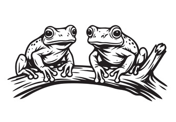 Black and white vector of two frogs sitting on a branch, facing forward. Ideal for nature-themed prints, logos, children's books, and animal illustrations.