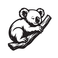 Cute black and white vector illustration of a koala sleeping peacefully on a tree branch. Perfect for kids’ prints, logos, wildlife themes, and decor.  Animal.