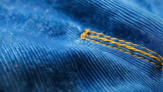 Close up detail of woven blue denim fabric with yellow stitching, showing texture and pattern in textile material