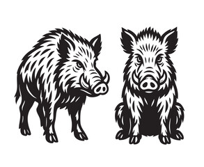 Two wild boars in bold black and white vector style—one standing and one sitting. Ideal for prints, logos, mascot illustrations, or tattoo designs. Wildlife Animals.