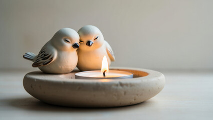 Ceramic birds with tealight candle in stone holder, soft light, copy space