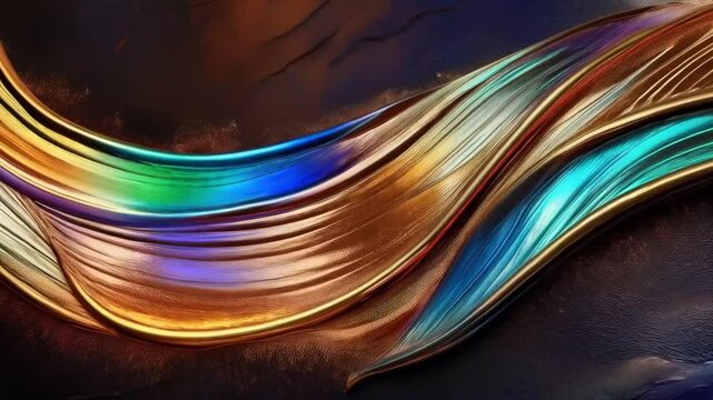 Ein einzelner Pinselstrich in Metallicfarben zieht sich wie eine gl&auml;nzende Schlange durch eine dunkle, strukturierte Oberfl&auml;che.
