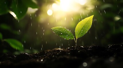 Young Plant Sprout in Raindrops, Sunlight Illuminating Fresh Leaves, Growth and New Beginnings Concept